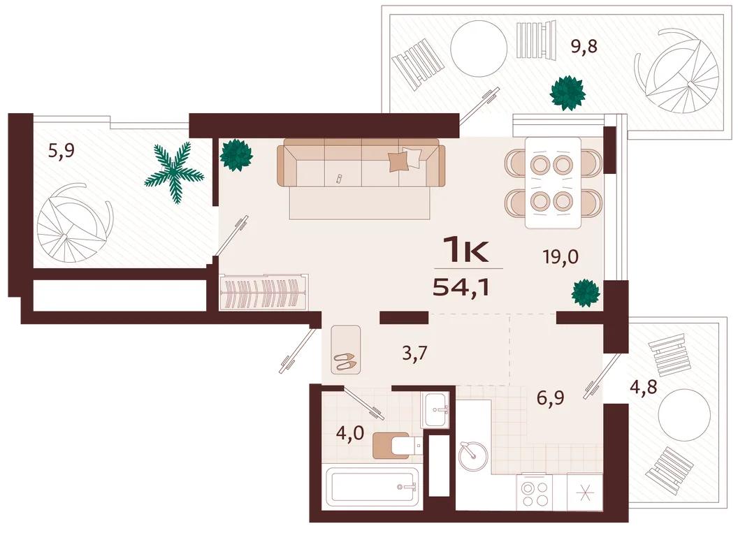 Планировка 1-комн. квартира, 54.1 м² ЖК «Роялта»
