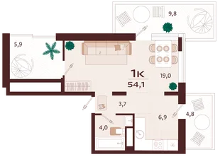 Планировка 1-комн. квартира, 54.1 м² ЖК «Роялта»