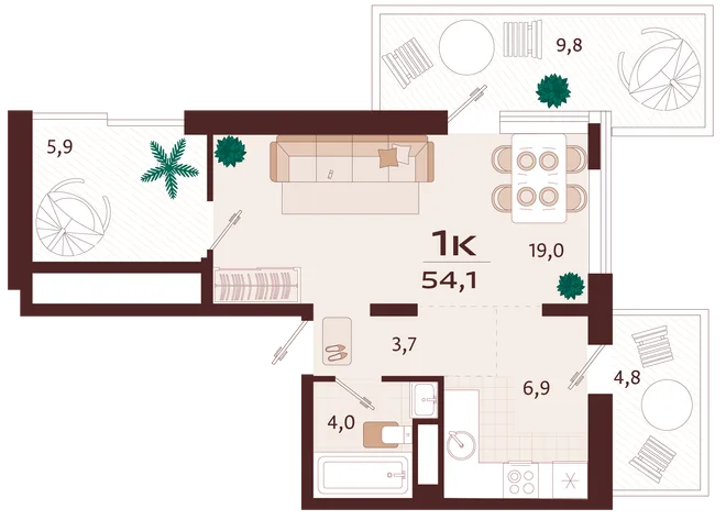 Планировка 1-комн. квартира, 54.1 м² ЖК «Роялта» Планировка 1-комн. квартира, 54.1 м² ЖК «Роялта»