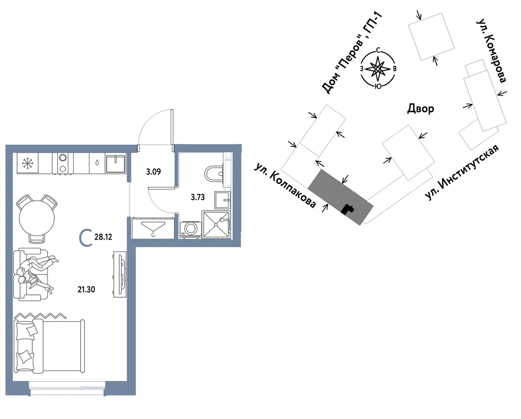 Планировка Студия, 28.12 м² ЖК «Страна.Парковая»