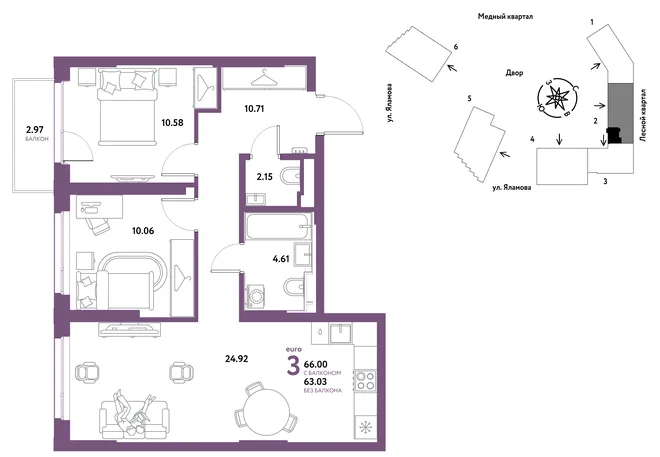 Планировка 3-комн. квартира, 66 м² ЖК «Сибирский сад» Планировка 3-комн. квартира, 66 м² ЖК «Сибирский сад»