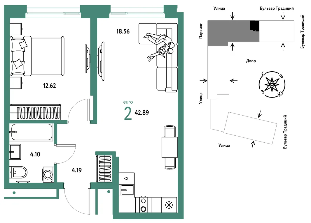 Планировка 2-комн. квартира, 42.89 м² ЖК «Микрорайон Домашний»