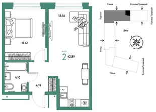 Планировка 2-комн. квартира, 42.89 м² ЖК «Микрорайон Домашний»