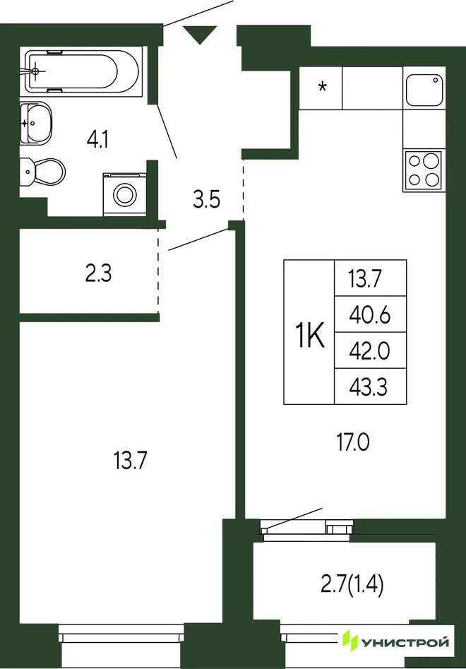 Планировка 1-комн. квартира, 42 м² ЖК «Парковый квартал 2.0» Планировка 1-комн. квартира, 42 м² ЖК «Парковый квартал 2.0»