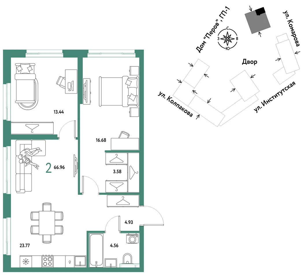 Планировка 2-комн. квартира, 66.96 м² ЖК «Страна.Парковая»