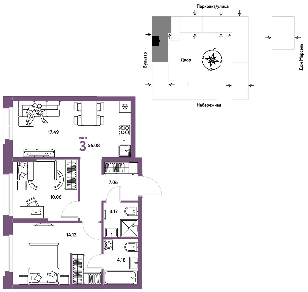 Планировка 3-комн. квартира, 56.08 м² ЖК «Европейский берег 2.0»