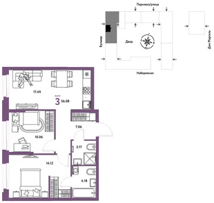 Планировка 3-комн. квартира, 56.08 м² ЖК «Европейский берег 2.0»
