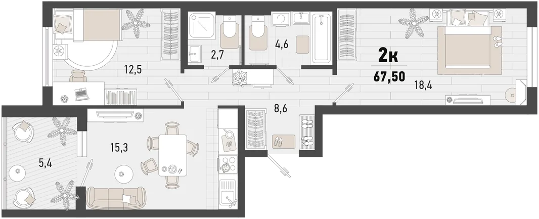 Планировка 2-комн. квартира, 67.5 м² ЖК «Барса»