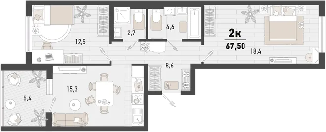 Планировка 2-комн. квартира, 67.5 м² ЖК «Барса» Планировка 2-комн. квартира, 67.5 м² ЖК «Барса»