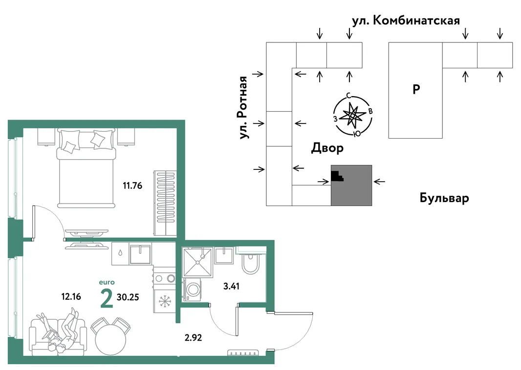 Планировка 2-комн. квартира, 30.02 м² ЖК «Уральский сад»