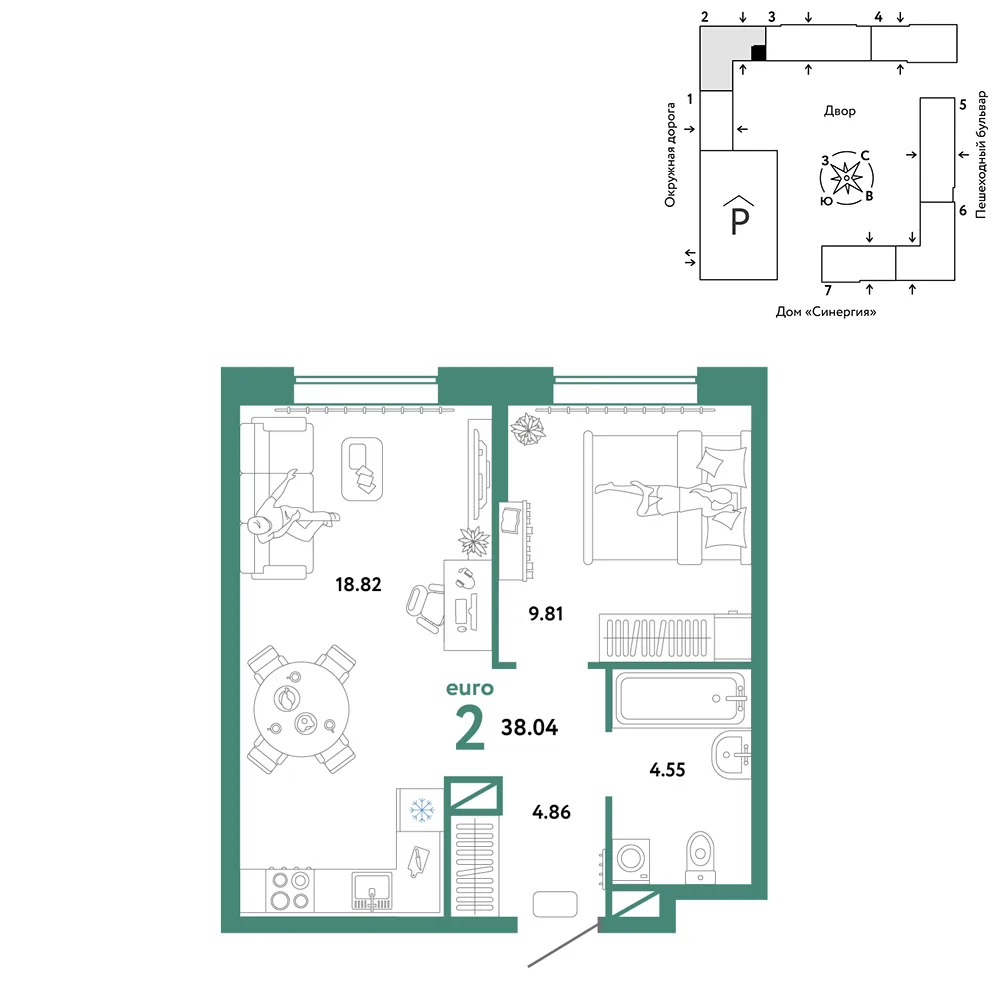 Планировка 2-комн. квартира, 38.04 м² ЖК «Юнион»