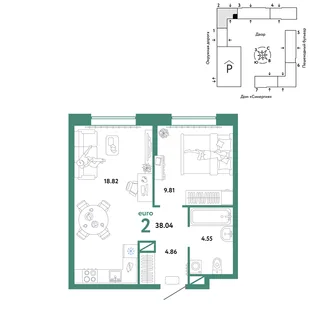 Планировка 2-комн. квартира, 38.04 м² ЖК «Юнион»