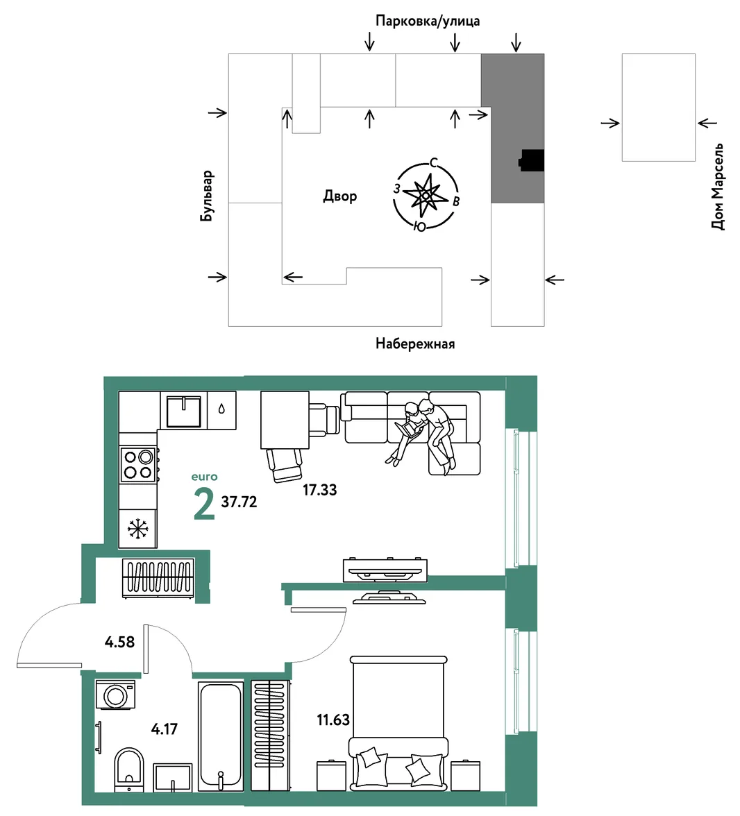 Планировка 2-комн. квартира, 37.72 м² ЖК «Европейский берег 2.0»