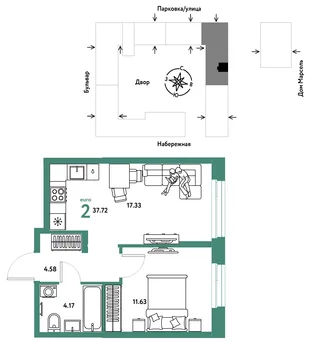 Планировка 2-комн. квартира, 37.72 м² ЖК «Европейский берег 2.0»