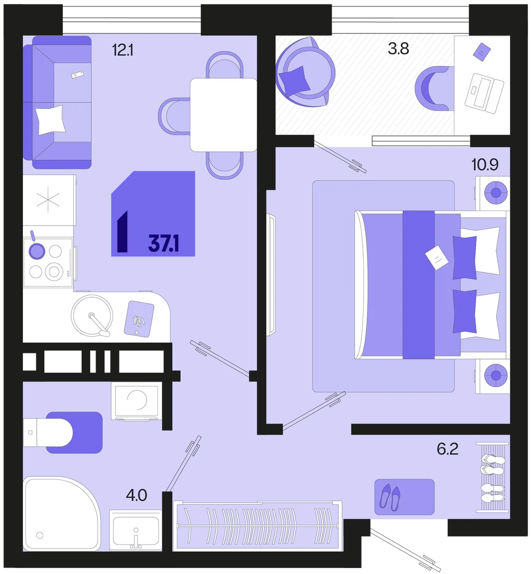 Планировка 1-комн. квартира, 37.1 м² ЖК «Первое место»