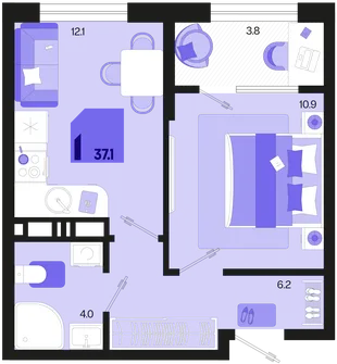 Планировка 1-комн. квартира, 37.1 м² ЖК «Первое место»