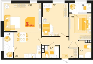 Планировка 3-комн. квартира, 87.8 м² ЖК «Первое место»