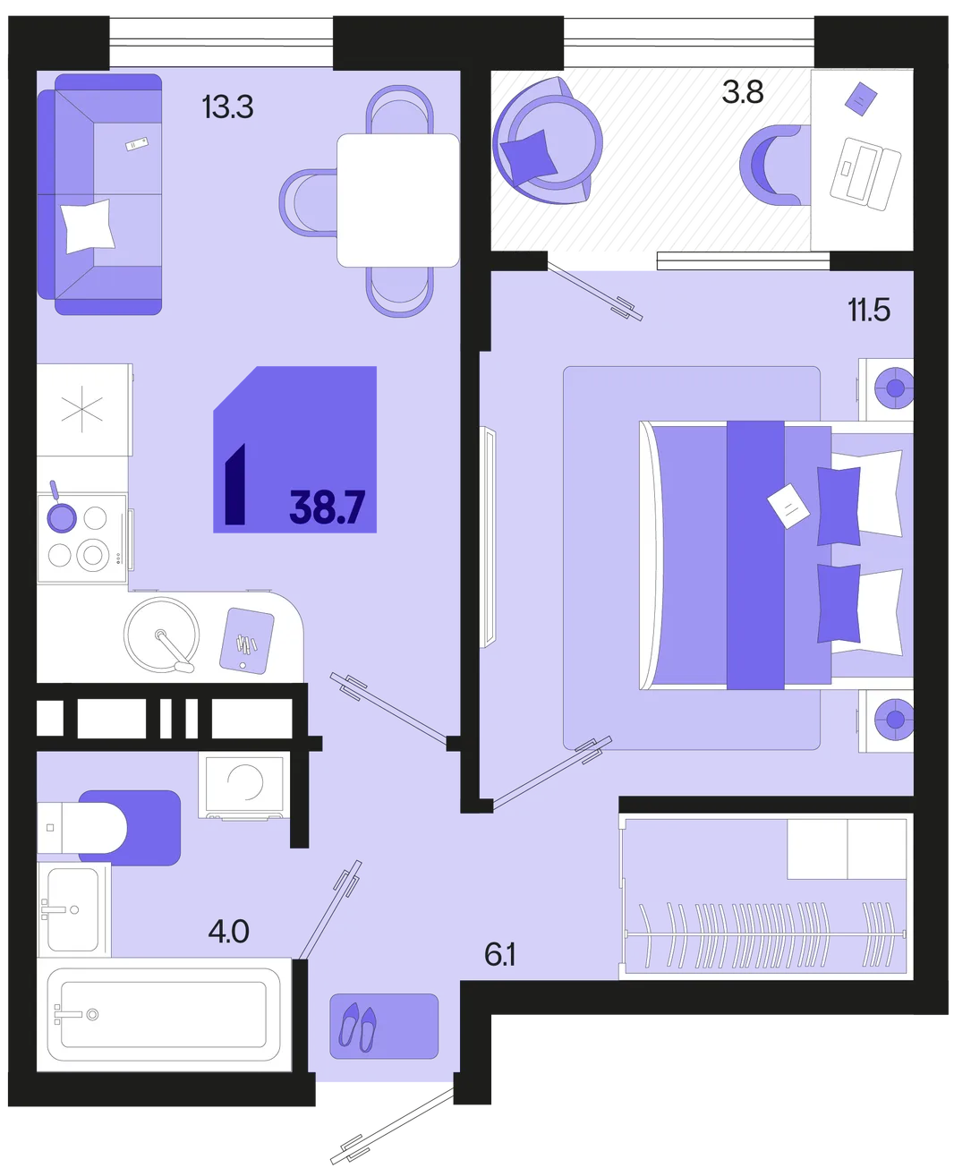 Планировка 1-комн. квартира, 38.7 м² ЖК «Первое место»