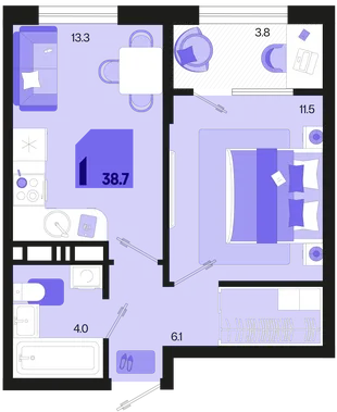 Планировка 1-комн. квартира, 38.7 м² ЖК «Первое место»