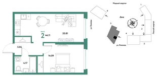 Планировка 2-комн. квартира, 44.11 м² ЖК «Сибирский сад»