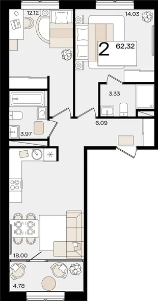 Планировка 2-комн. квартира, 62.2 м² ЖК «Патрики»