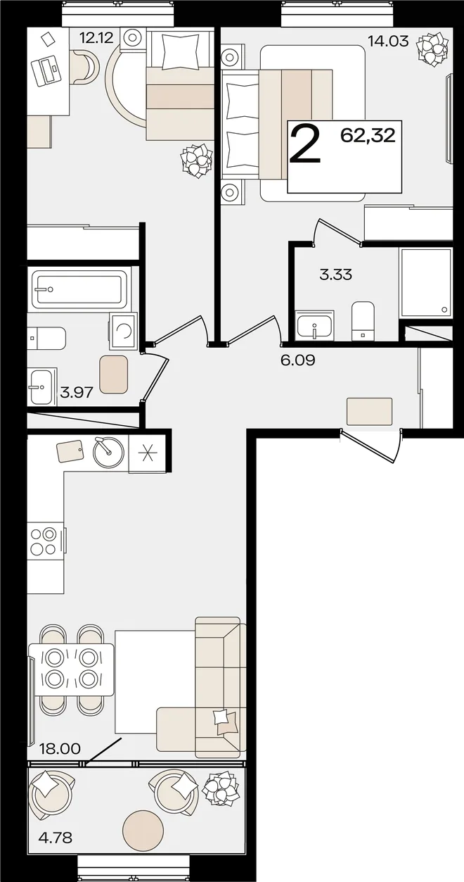 Планировка 2-комн. квартира, 62.2 м² ЖК «Патрики» Планировка 2-комн. квартира, 62.2 м² ЖК «Патрики»