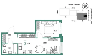 Планировка 2-комн. квартира, 39.72 м² ЖК «Микрорайон Домашний»