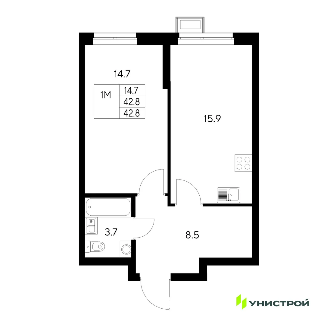 Планировка 1-комн. квартира, 42.8 м² ЖК «Стадиум»