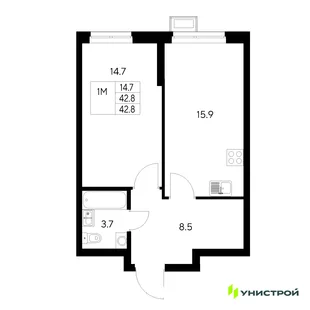 Планировка 1-комн. квартира, 42.8 м² ЖК «Стадиум»