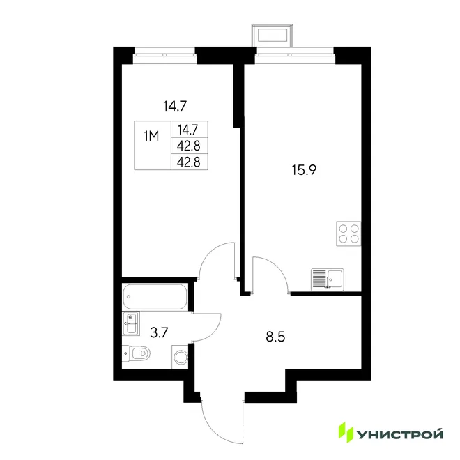 Планировка 1-комн. квартира, 42.8 м² ЖК «Стадиум» Планировка 1-комн. квартира, 42.8 м² ЖК «Стадиум»