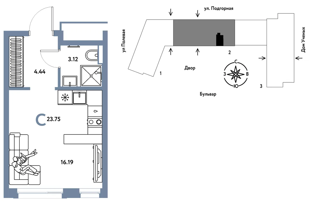 Планировка Студия, 23.8 м² ЖК «Авторский»