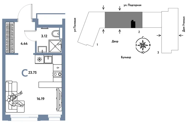 Планировка Студия, 23.8 м² ЖК «Авторский»