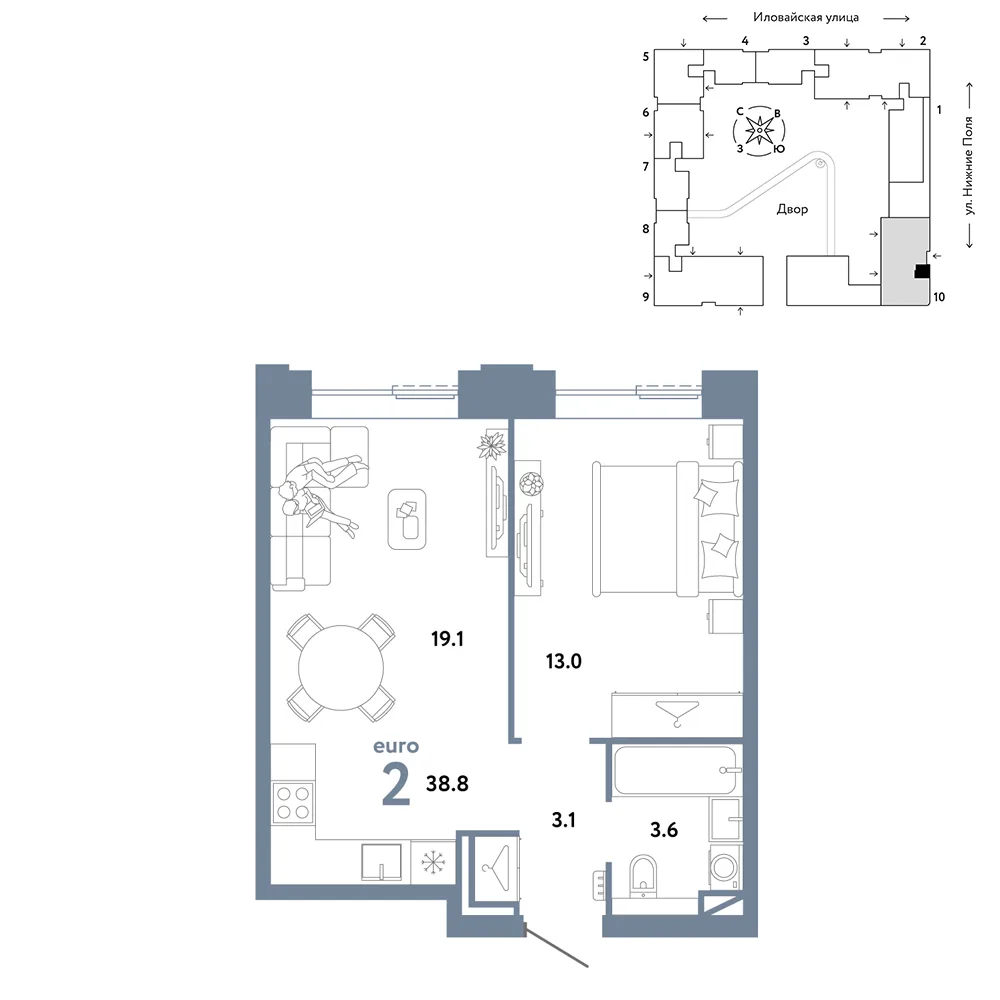 Планировка 2-комн. квартира, 38.8 м² ЖК «Страна.Заречная»