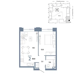 Планировка 2-комн. квартира, 38.8 м² ЖК «Страна.Заречная»