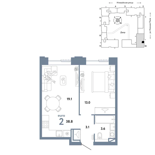 Планировка 2-комн. квартира, 38.8 м² ЖК «Страна.Заречная»