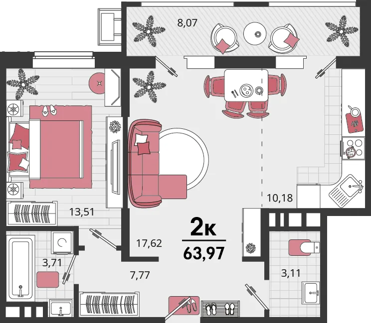 Планировка 2-комн. квартира, 63.97 м² ЖК «Родные просторы»
