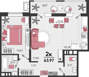 Планировка 2-комн. квартира, 63.97 м² ЖК «Родные просторы»