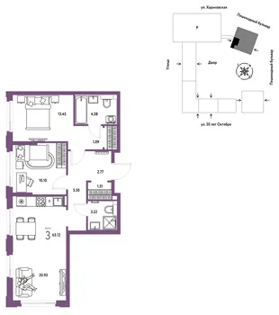 Планировка 3-комн. квартира, 63.12 м² ЖК «Сердце Сибири»