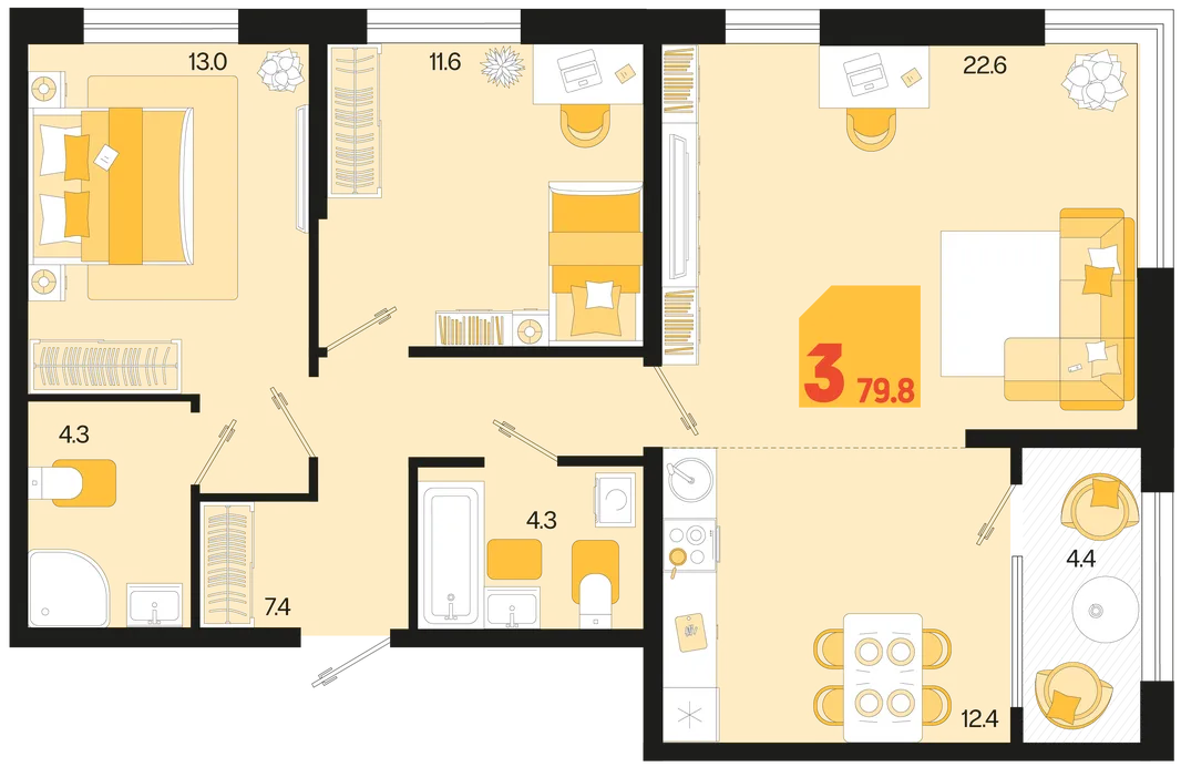 Планировка 3-комн. квартира, 79.8 м² ЖК «Первое место»