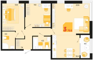 Планировка 3-комн. квартира, 79.8 м² ЖК «Первое место»