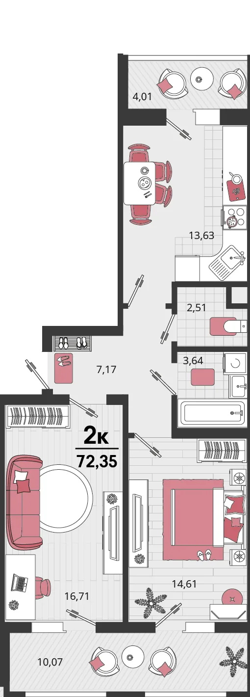 Планировка 2-комн. квартира, 72.31 м² ЖК «Родные просторы»