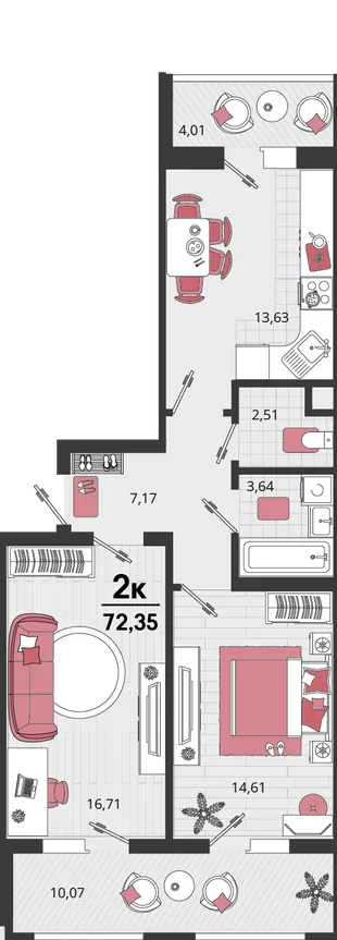 Планировка 2-комн. квартира, 72.31 м² ЖК «Родные просторы»