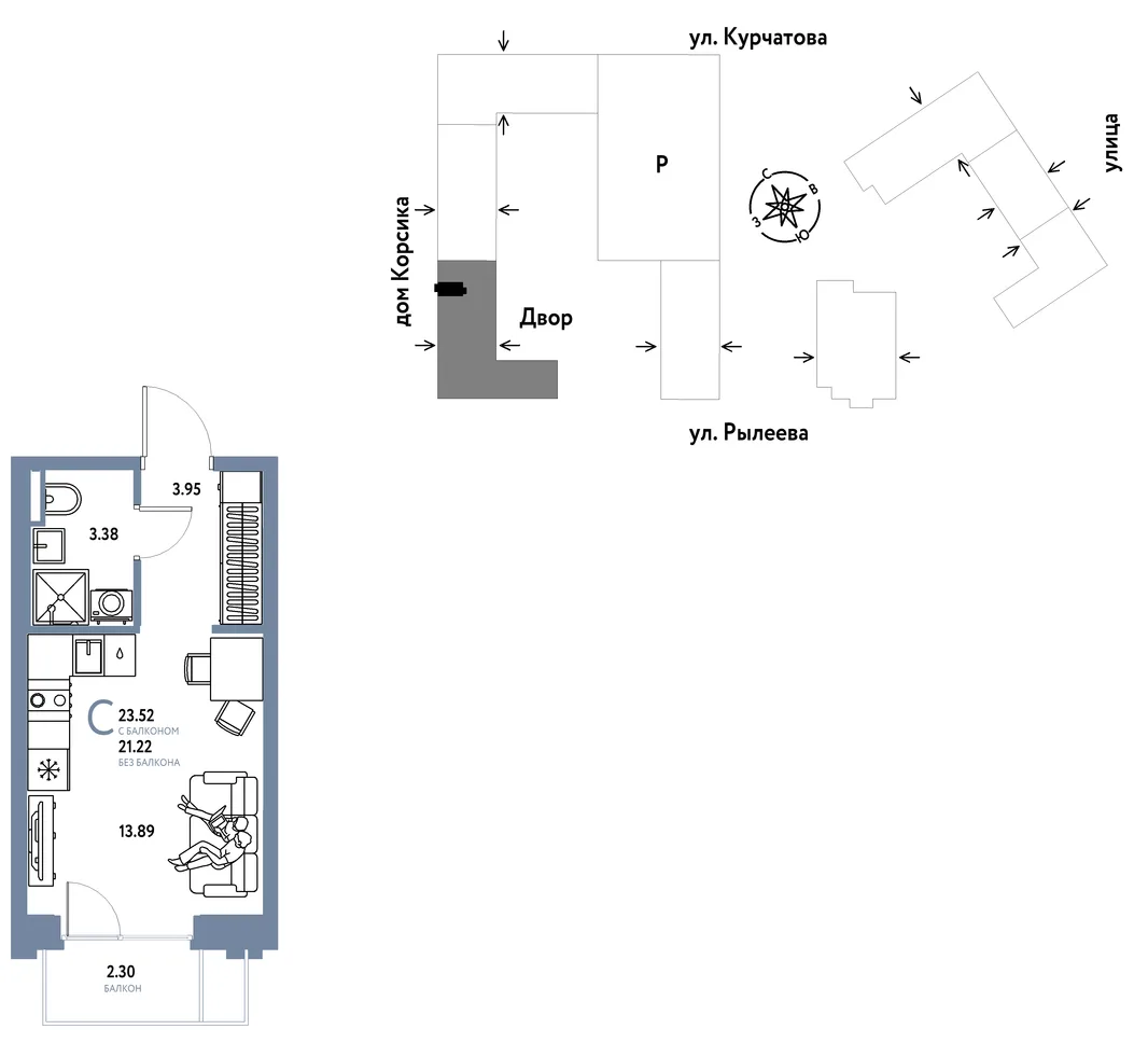 Планировка Студия, 23.96 м² ЖК «Остров-сад»