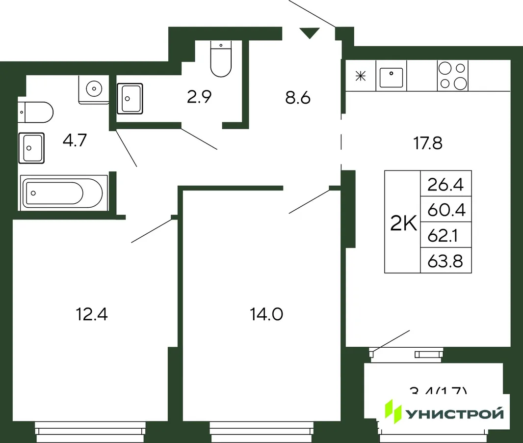 Планировка 2-комн. квартира, 62.1 м² ЖК «Парковый квартал 2.0»