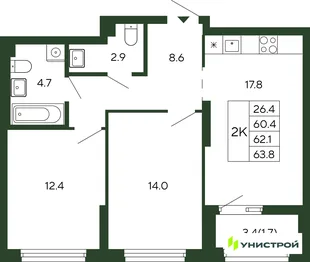 Планировка 2-комн. квартира, 62.1 м² ЖК «Парковый квартал 2.0»
