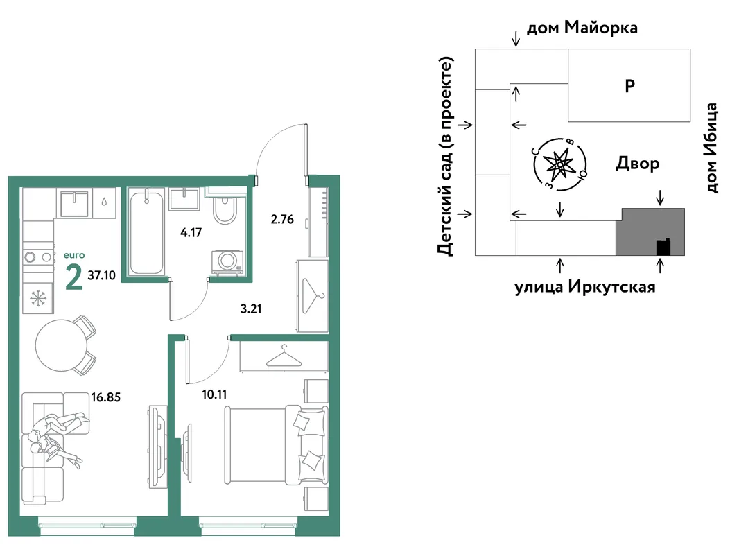 Планировка 2-комн. квартира, 37.1 м² ЖК «Остров-сад»
