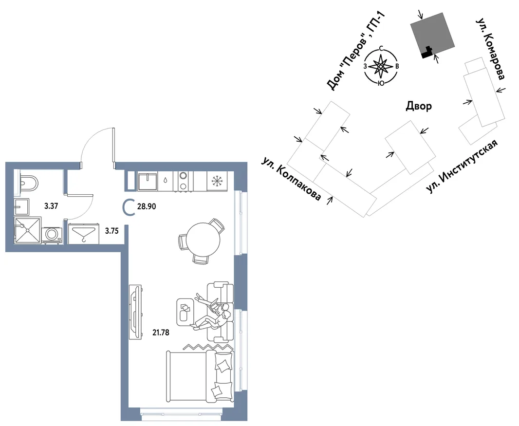 Планировка Студия, 28.9 м² ЖК «Страна.Парковая»