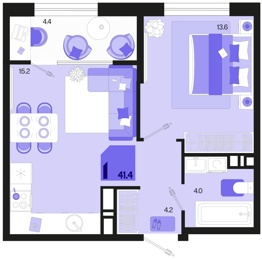 Планировка 1-комн. квартира, 41.4 м² ЖК «Первое место»