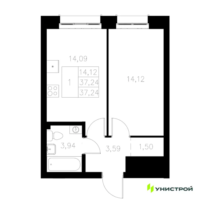 Планировка 1-комн. квартира, 37.24 м² ЖК «Statum»