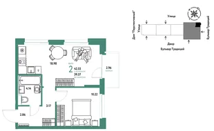 Планировка 2-комн. квартира, 42.33 м² ЖК «Микрорайон Домашний»